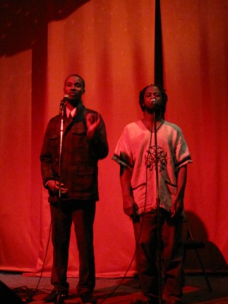 Open Secret (L) and Brandon Wint (R), members of the slam poetry troupe The Recipe, perform on Nov. 27, 2010 (photo by Anita Malhotra)
