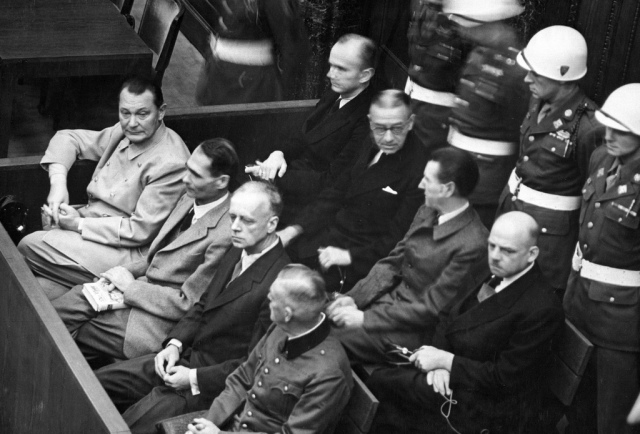 Defendents in the first and best-known Nuremberg Trial: First row, L to R: Hermann Goering (death sentence), Rudolf Hess (life in prison), Joachim von Ribbentrop (death sentence) and Wilhelm Keitel (death sentence) (NARA photo)