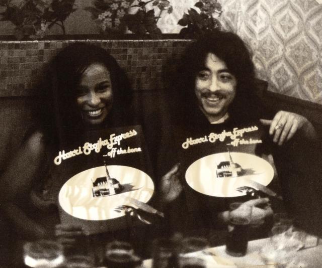 R&B singer Chaka Khan and Harri display the 1980 Harri Stojka Express album "Off the Bone"