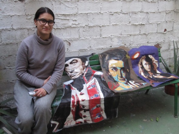 BTOY (Andrea Michaelsson) on the terrace of her Gracia Barcelona studio with her stencil works of Gary Cooper, Natalie Wood and Dolores Costello (photo by Anita Malhotra, February 24, 2012)