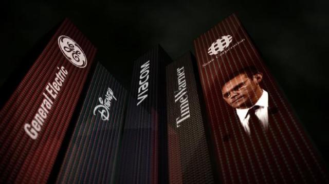 A still from Shadows of Liberty depicting the five largest media conglomerates in the United States A still from Shadows of Liberty depicting the five largest media conglomerates in the United States