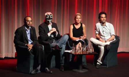 A panel discussion in London, U.K. following a screening of Shadows of Liberty on May 24, 2012. From left to right: Pratap Chatterjee, executive director of CorpWatch; Julian Assange, editor-in-chief of WikiLeaks; Jen Robinson, director of legal advocacy at the Bertha Foundation; and Tremblay (photo courtesy of Jean-Philippe Tremblay) A panel discussion in London, U.K. following a screening of Shadows of Liberty on May 24, 2012. From left to right: Pratap Chatterjee, executive director of CorpWatch; Julian Assange, editor-in-chief of WikiLeaks; Jen Robinson, director of legal advocacy at the Bertha Foundation; and Tremblay (photo courtesy of Jean-Philippe Tremblay)