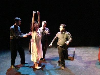 A rehearsal of Paolozza's work "Shostakovich, or 3 Days in Red" featuring Rob Feetham, Daniele Bartolini, Viktor Lukawski and Miranda Calderon (photo by Adam Paolozza) 