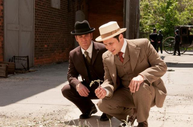Yannick Bisson (as Det. Murdoch) and Raoul Bhaneja (as Dr. Sanjay Prasad) in the Canadian television series Murdoch Mysteries (photo by Christos Kalohoridis, 2013)