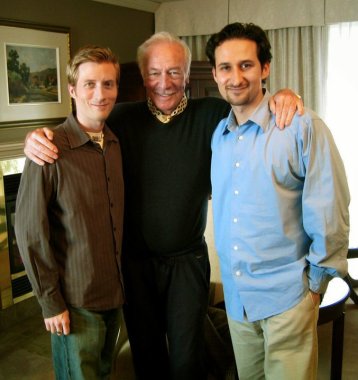 Director Jeff Stephenson, actor Christopher Plummer and Raoul Bhaneja during Plummer's interview for the documentary "Hamlet (solo)" directed by Stephenson