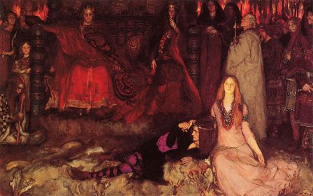 Hamlet and Ophelia in the foreground of the Play Scene from "Hamlet" as painted by Edwin Austin Abbey in 1897 (public domain photo from Wikimedia Commons)