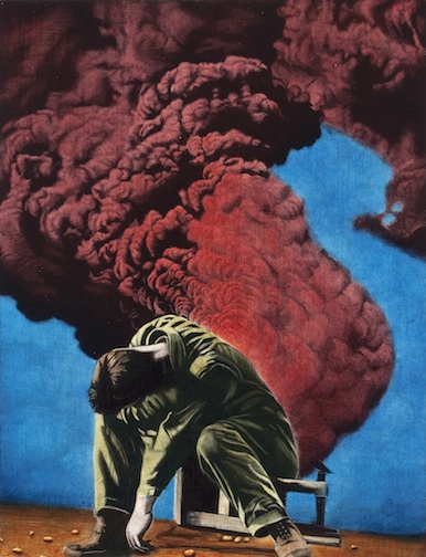 Untitled 2010 painting by Eric Stotik: LR241 (hunched man, red smoke), acrylic on wood panel, 12.75" x 11.5" (photo by Bill Bachhuber)