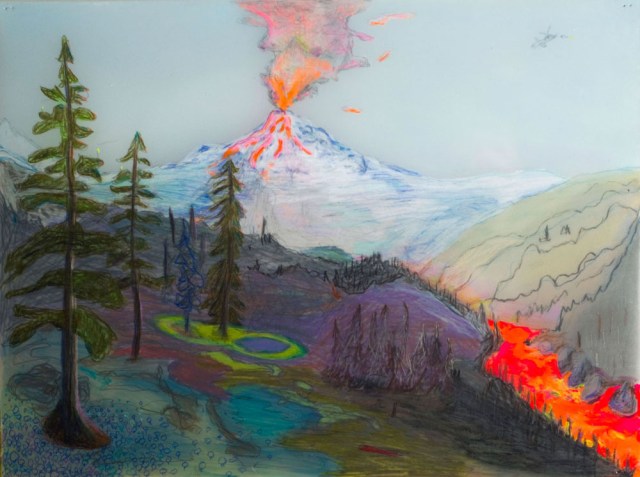 "Critical Laputa" (pencil, gouache and acrylic on paper and polyester) from Bruce Conkle's 2012 show "Tree Clouds" (photo by Marne Lucas)