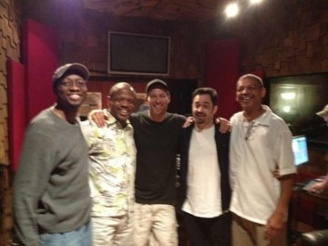 Barbarin (extreme right) in the recording studio with Arthur Latin, Leroy Jones, Harry Connick, Jr. and Neal Caine (photo courtesy of Lucien Barbarin)