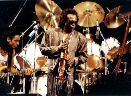 The great jazz trumpet player and composer Miles Davis (1926-1991) performing at the Nice Jazz Festival in 1989 (photo by ohjaygee, Flickr Creative Commons)