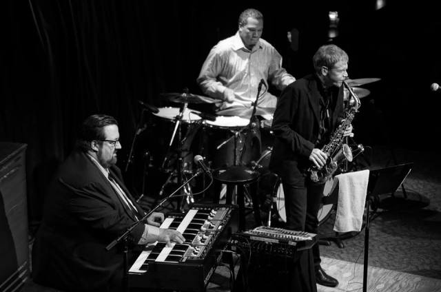 DeFrancesco performing on the Nord C2 with Gene Lake (drums) and David Sanborn (saxophone) at Dimitrou's Jazz Alley in Seattle on April 3, 2014 (photo courtesy of Joey DeFrancesco)