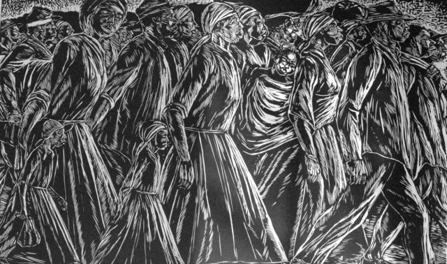 A woodcut in the "Immigrant Series" by Maxwell Taylor (photo courtesy of Maxwell and Therese Taylor)