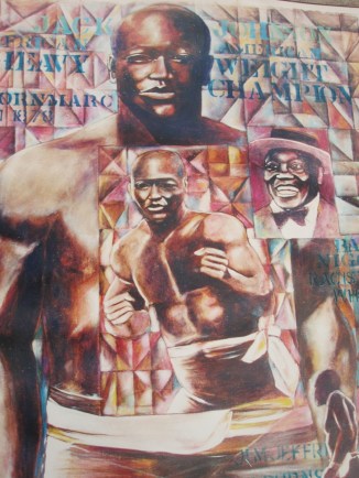 Maxwell Taylor at the National Art Gallery of the Bahamas on Oct. 8, 2014 with his 1982 linocut reduction "Damn Politics" (photo by Anita Malhotra)