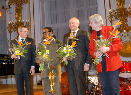 Emil Viklický, trumpet player Marcus Printup, bassist František Uhlíř and drummer Laco Tropp after a live, recorded performance at Prague Castle on February 26, 2007