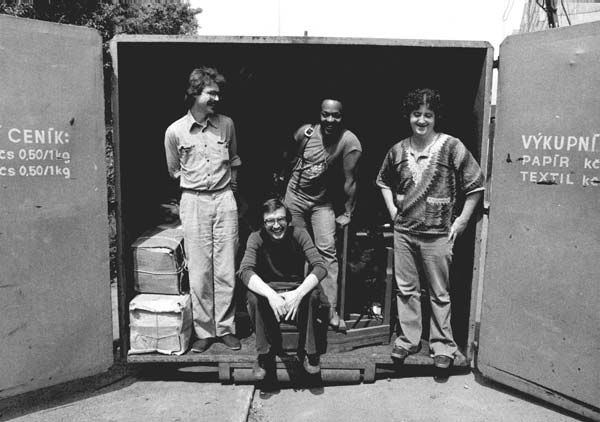 Emil Viklický (seated) with guitarist Bill Frisell , drummer Vinnie Johnson and bassist Kermit Driscoll (L to R) in 1979 while recording the 1979 Supraphon jazz-rock CD "Okno" (later retitled "Window and Door")