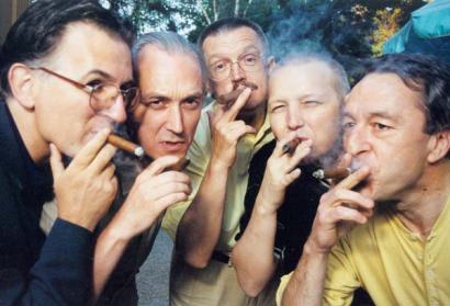 Diplomats and musicians (including Emil Viklický , centre) at a CD release party at the Belgian Embassy