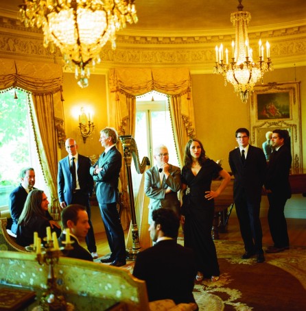 Pink Martini posing at Pittock Mansion, a Renaissance-style château in Portland, Oregon (photo by Autumn de Wilde)