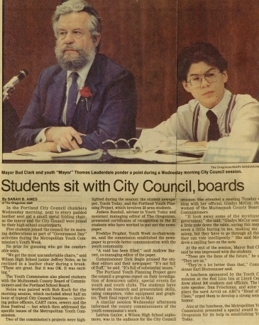 Thomas Lauderdale as a high school student at a City Council meeting with Portland Mayor Bud Clark on "Government Day" (photo courtesy of Thomas Lauderdale and Heinz Records)
