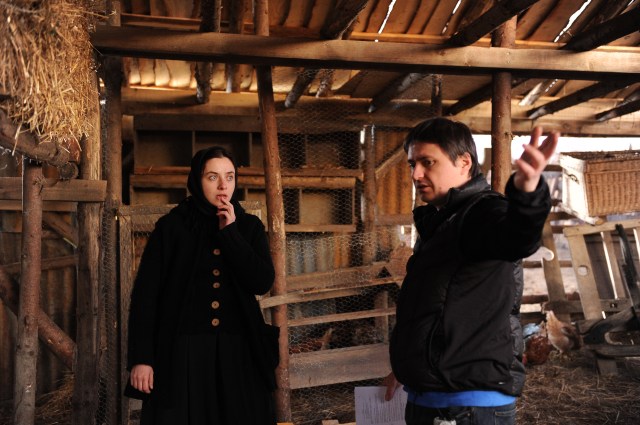 Cosmina Stratan and Cristian Mungiu on the set of Mungiu's 2012 film <em>Beyond the Hills</em> (photo by Sebastian Enache)