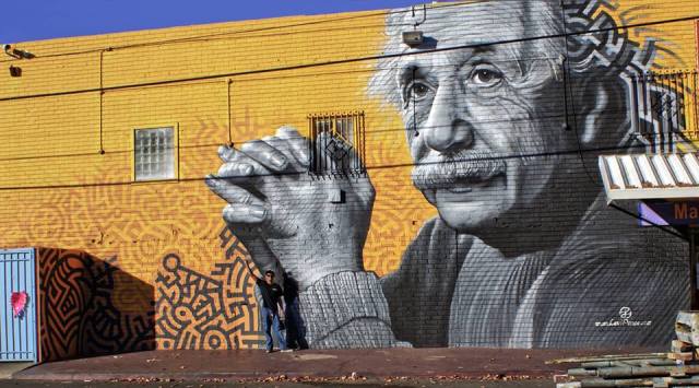 "Logic and Imagination," a mural portraying Einstein by Levi Ponce painted in December 2013 (photo by Chloe Cumbow)