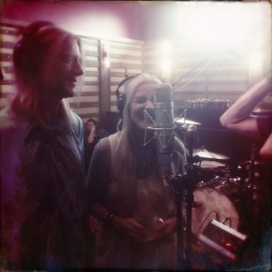Sass Jordan with her husband Derek Sharp recording "Racine Revisited" in 2017 at ACL Studios in Calgary (photo courtesy of Sass Jordan)