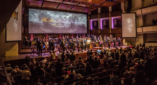 World premiere of the multi-media work The Man with the Violin, featuring music by Anne Dudley, at the Kennedy Centre in Washington, D.C. on Feb. 12, 2017 (photo courtesy of Normal Studio)