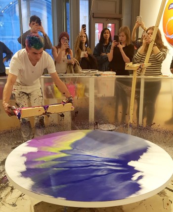 Callen Schaub using the spinner and paint trough he built himself to create paintings live at The Sussex Contemporary gallery on April 15, 2018 (photo by Anita Malhotra)