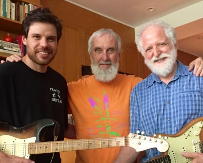 Afie Jurvanen (known as Bahamas) in the studio with Fred Penner and producer Ken Whiteley (R) (photo courtesy of Fred Penner)