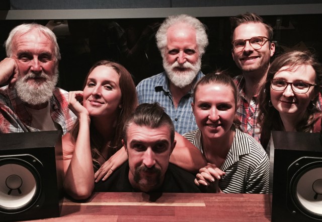 Penner in the recording studio for his CD "Hear the Music" with his four children (front row) and producer Ken Whitely (back left) and vocal arranger Dan Wiebe (back right) (photo courtesy of Fred Penner)