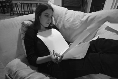 Sandra Beasley working on her poetry in 2014 (photo by Joel Caplan)