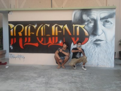 Nasca Uno with Santas One in front of their commissioned wall in Trujillo, Peru in 2008 (photo courtesy of Nasca Uno)